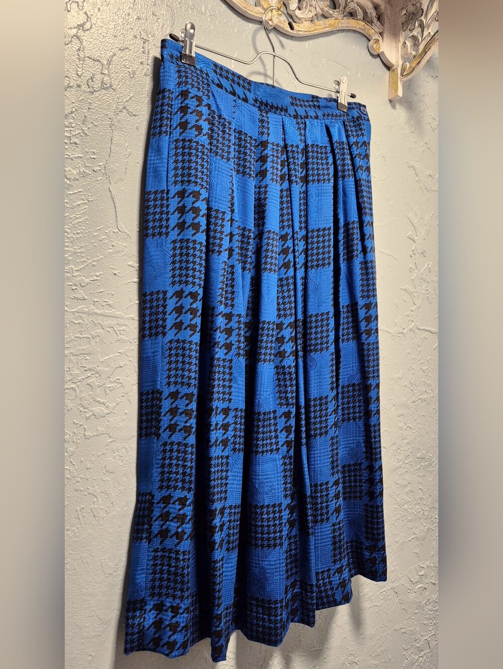Vintage Silk Gingham Houndstooth Midi-Skirt